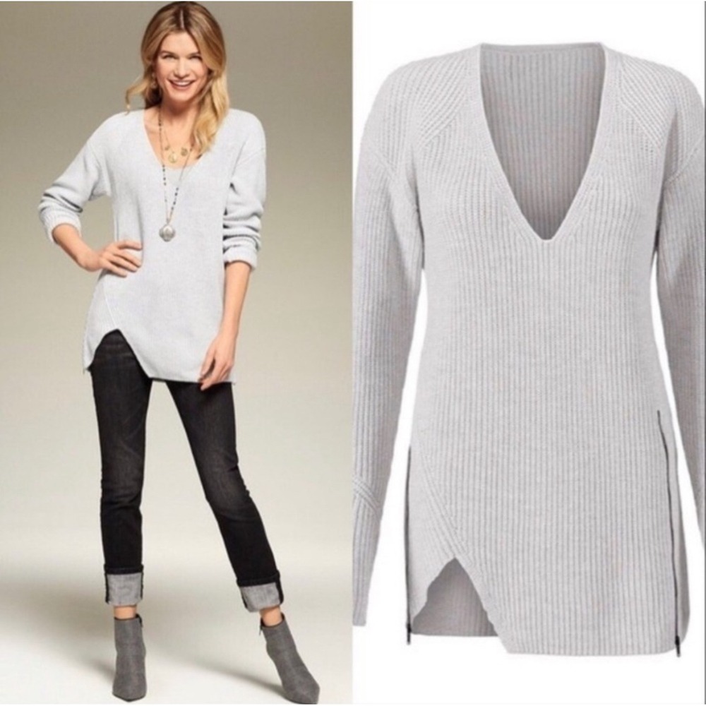 CABI Deep V-Neck Sweater Pullover Ribbed Side-Zipper Hem Size XS
